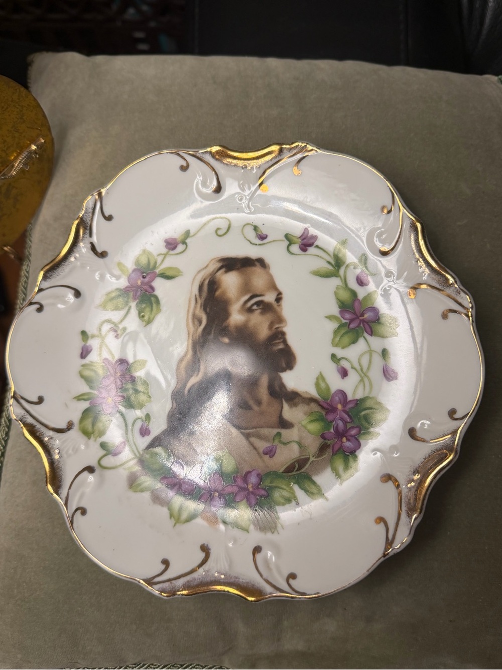 Antique Ceramic Hand Painted Portrait Of Christ With Violet Flowers Wall Hanging